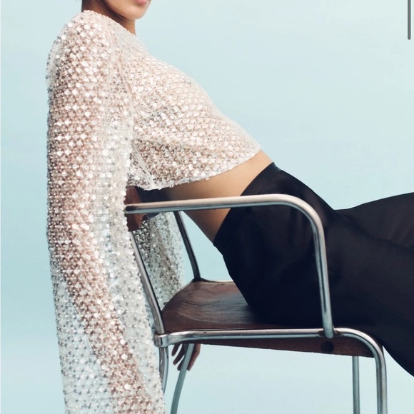 NWT Shona Joy Asteri Long Sleeve Sequin Crop Top in Silver Sz 0 - Picture 3 of 14